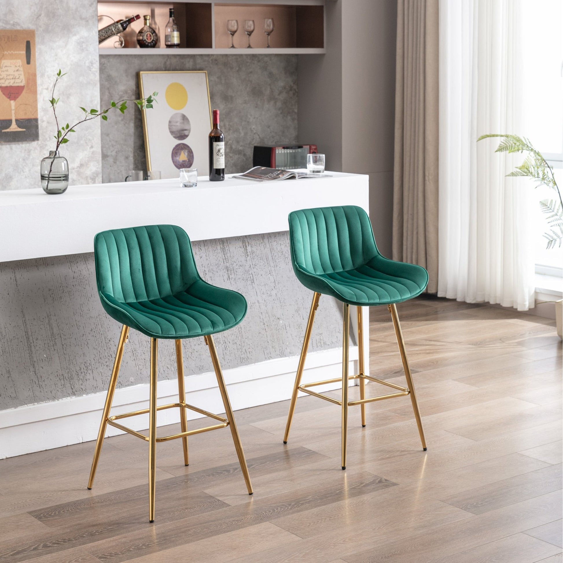 26 Inch Set of 2 Bar Stools,with Chrome Footrest Velvet Fabric Counter Stool Golden Leg Simple Bar Stool,GREEN - 1st Choice Furniture Direct