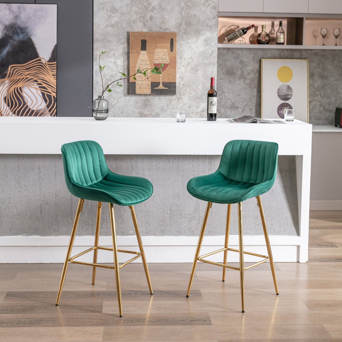 26 Inch Set of 2 Bar Stools,with Chrome Footrest Velvet Fabric Counter Stool Golden Leg Simple Bar Stool,GREEN - 1st Choice Furniture Direct