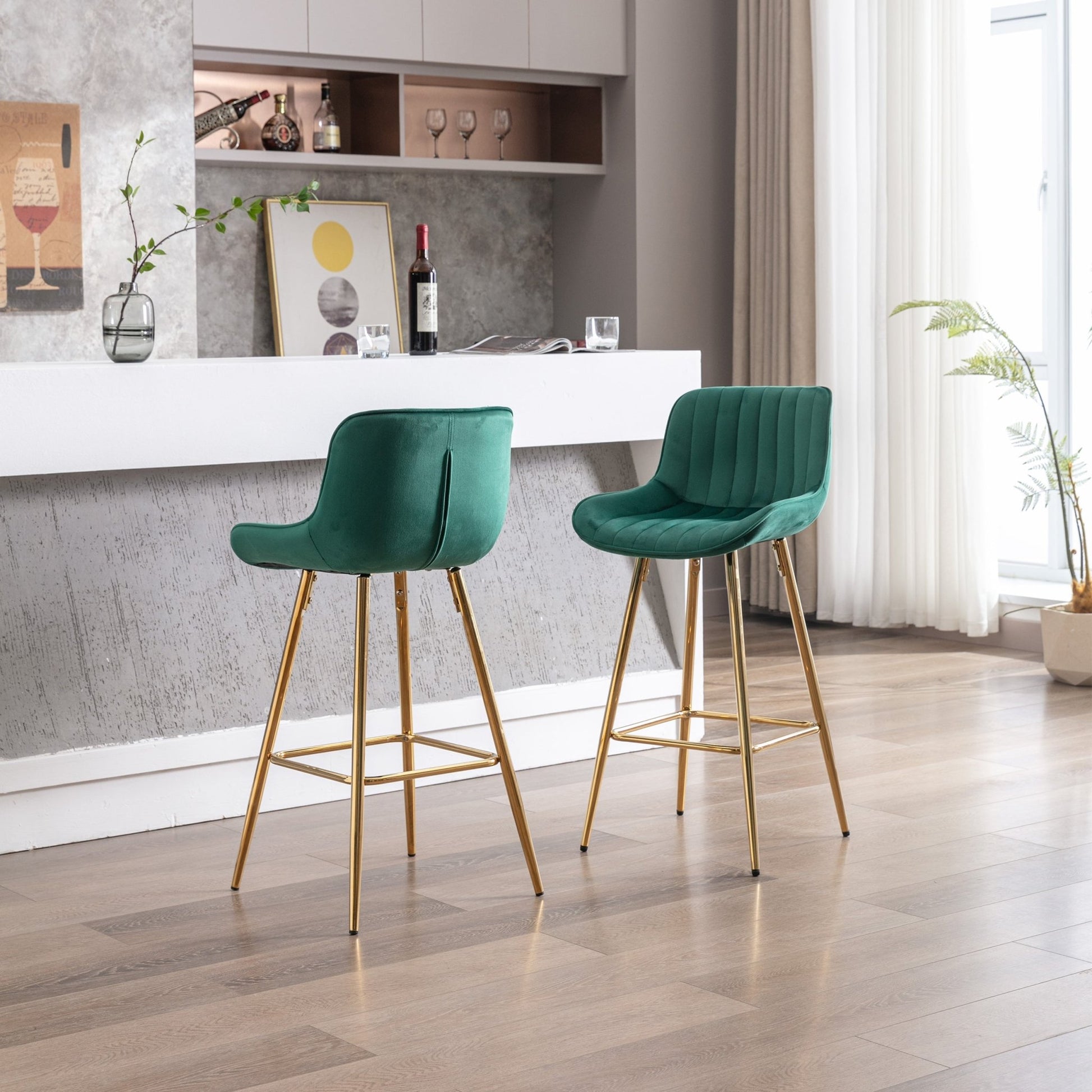 26 Inch Set of 2 Bar Stools,with Chrome Footrest Velvet Fabric Counter Stool Golden Leg Simple Bar Stool,GREEN - 1st Choice Furniture Direct