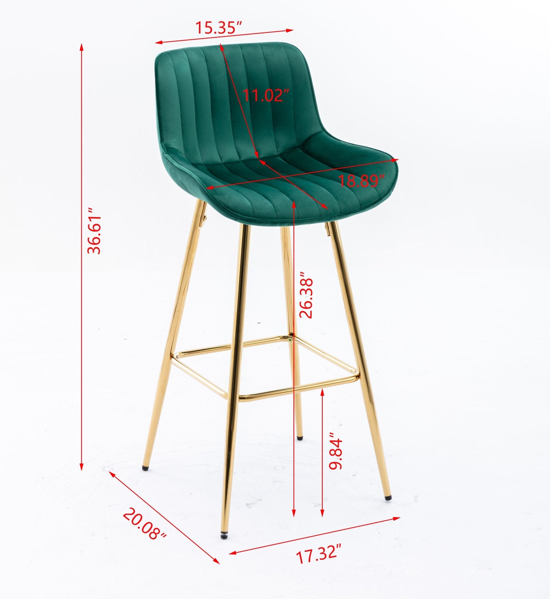 26 Inch Set of 2 Bar Stools,with Chrome Footrest Velvet Fabric Counter Stool Golden Leg Simple Bar Stool,GREEN - 1st Choice Furniture Direct