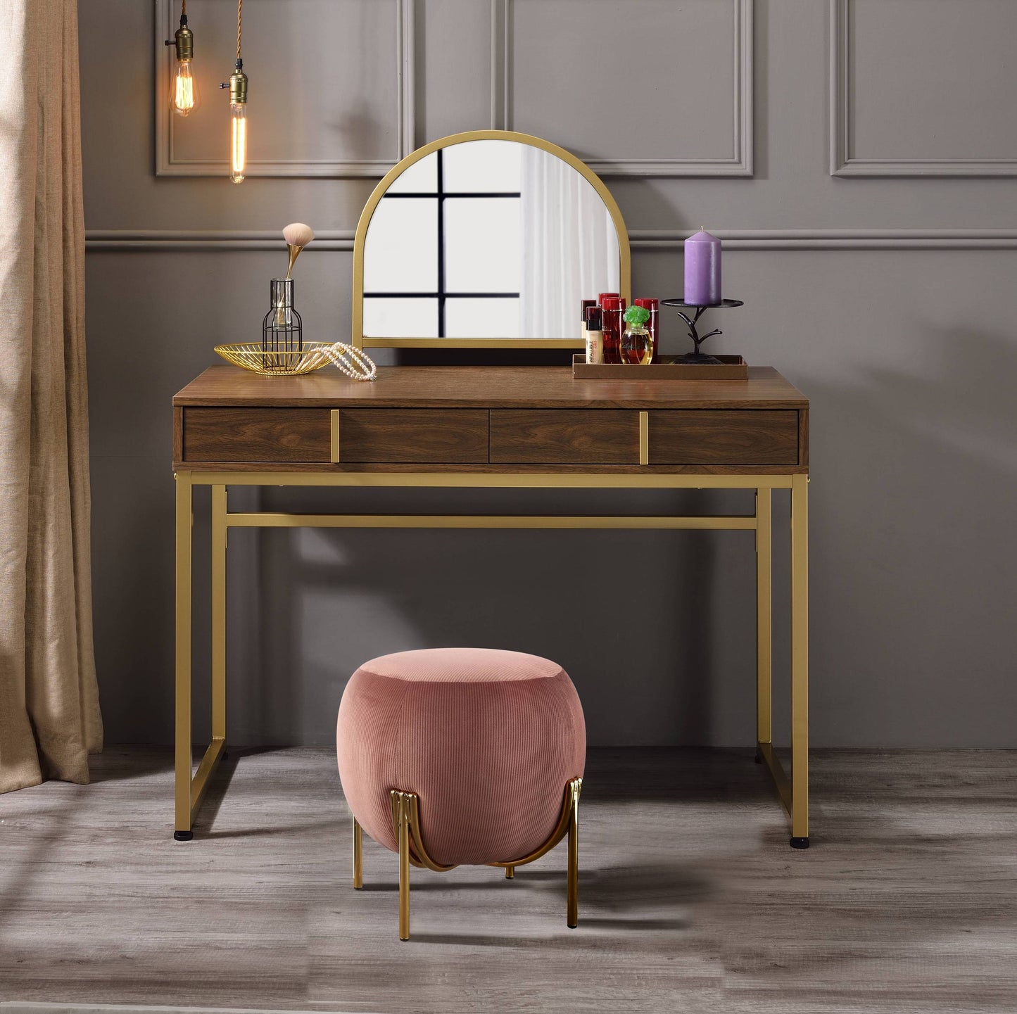 Modern Walnut Vanity Desk with Mirror and Gold Metal Frame