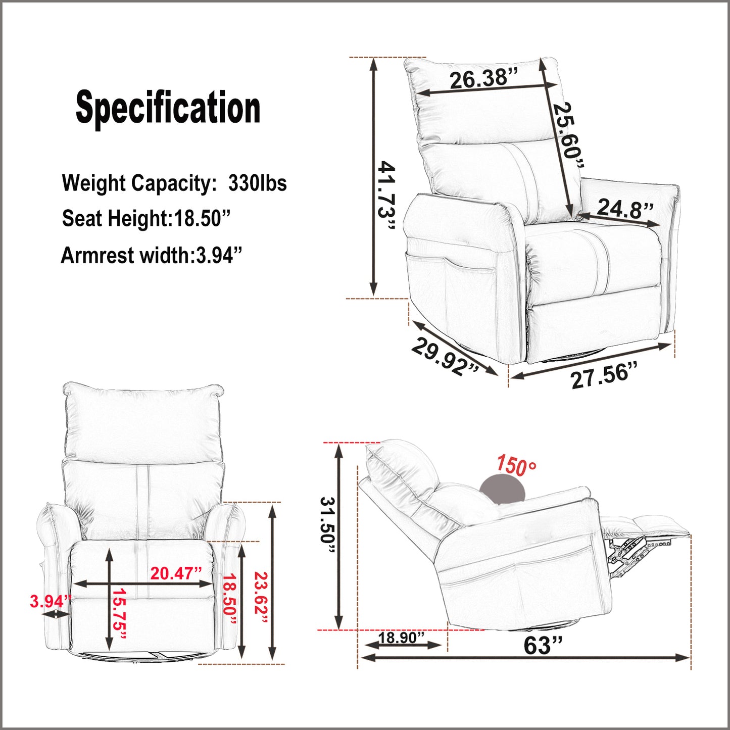 1st Choice Power Swivel Rocker Recliner Chair Sofa with USB Ports