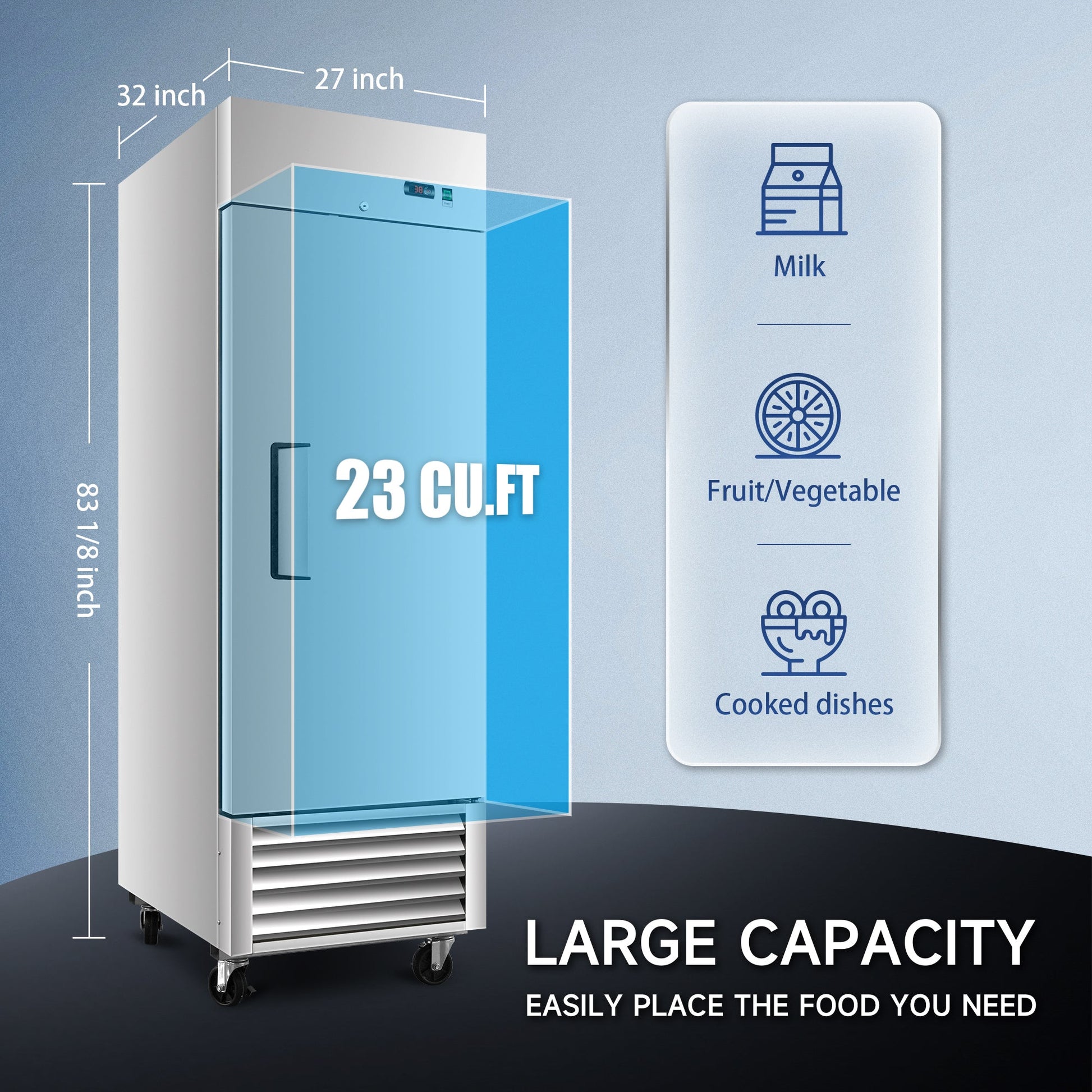 27' Commercial Refrigerator 23 Cu.ft with 1 Solid Door Reach - In Refrigerators Stainless Steel ETL Approved Upright Fridge Storage - 1st Choice Furniture Direct