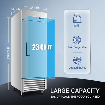 27' Commercial Refrigerator 23 Cu.ft with 1 Solid Door Reach - In Refrigerators Stainless Steel ETL Approved Upright Fridge Storage - 1st Choice Furniture Direct