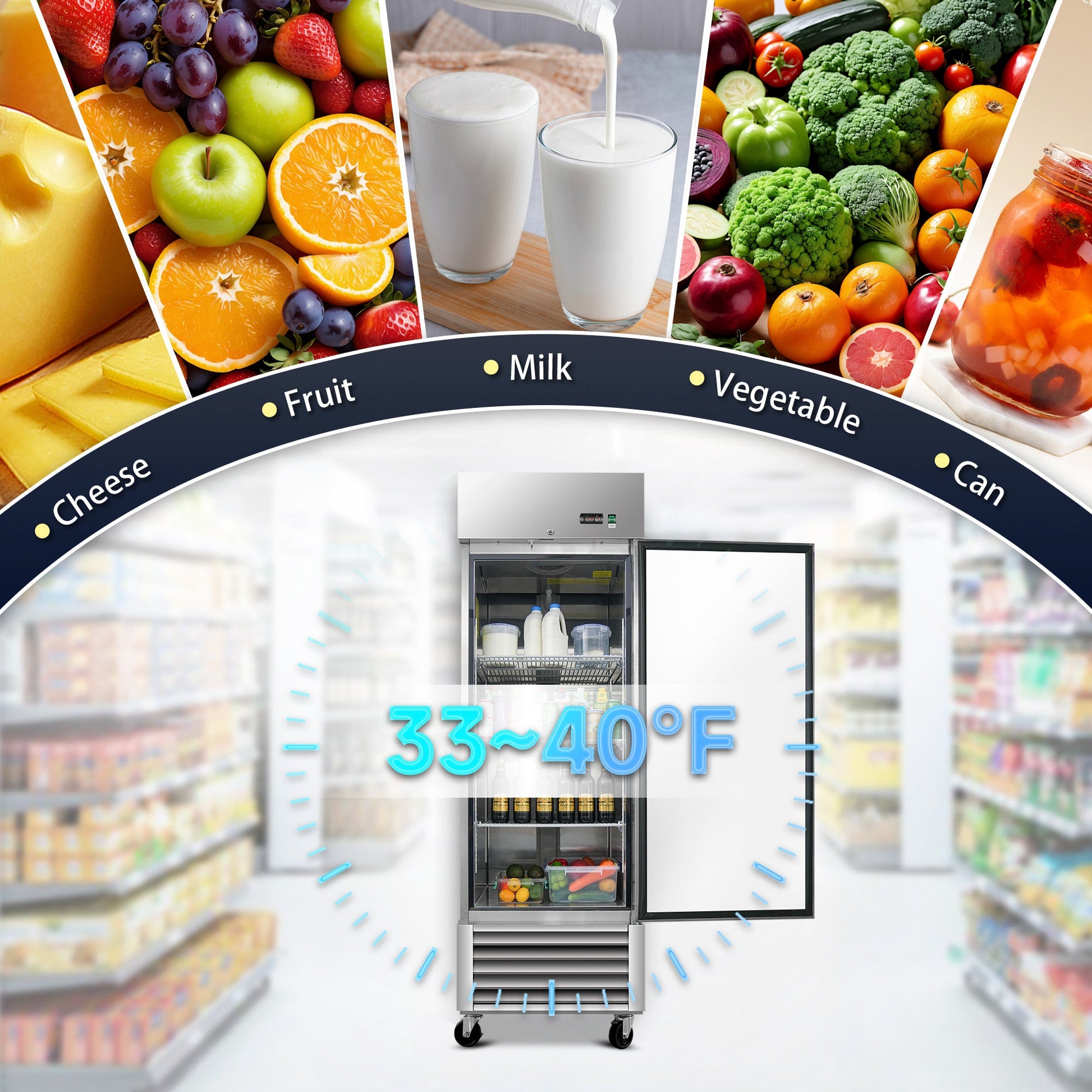 27' Commercial Refrigerator 23 Cu.ft with 1 Solid Door Reach - In Refrigerators Stainless Steel ETL Approved Upright Fridge Storage - 1st Choice Furniture Direct