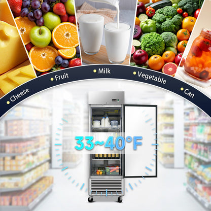 27' Commercial Refrigerator 23 Cu.ft with 1 Solid Door Reach - In Refrigerators Stainless Steel ETL Approved Upright Fridge Storage - 1st Choice Furniture Direct