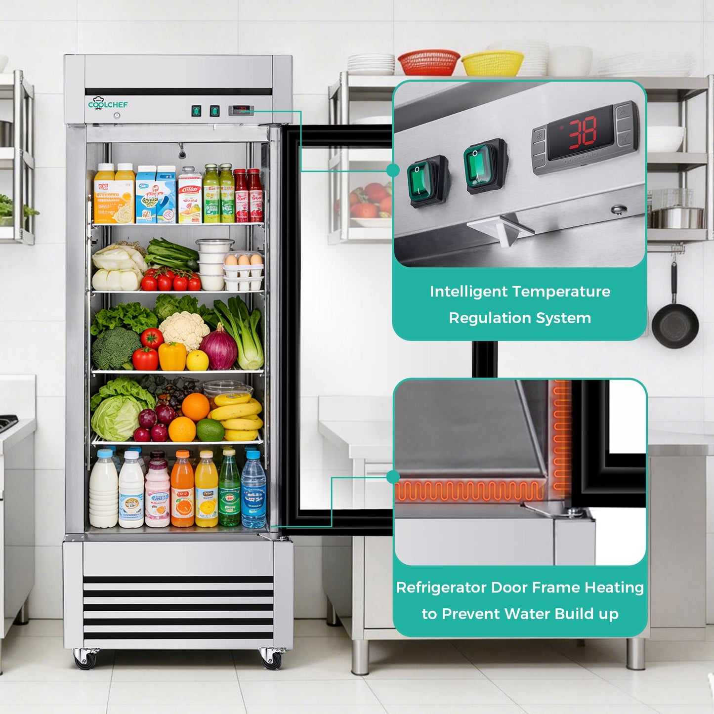 27' Single Glass Door Commercial Reach-In Display Refrigerator, 33–40°F Merchandiser Cooler, Stainless Steel, R290, ETL DOE - 1st Choice Furniture Direct