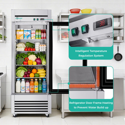 27' Single Glass Door Commercial Reach-In Display Refrigerator, 33–40°F Merchandiser Cooler, Stainless Steel, R290, ETL DOE - 1st Choice Furniture Direct