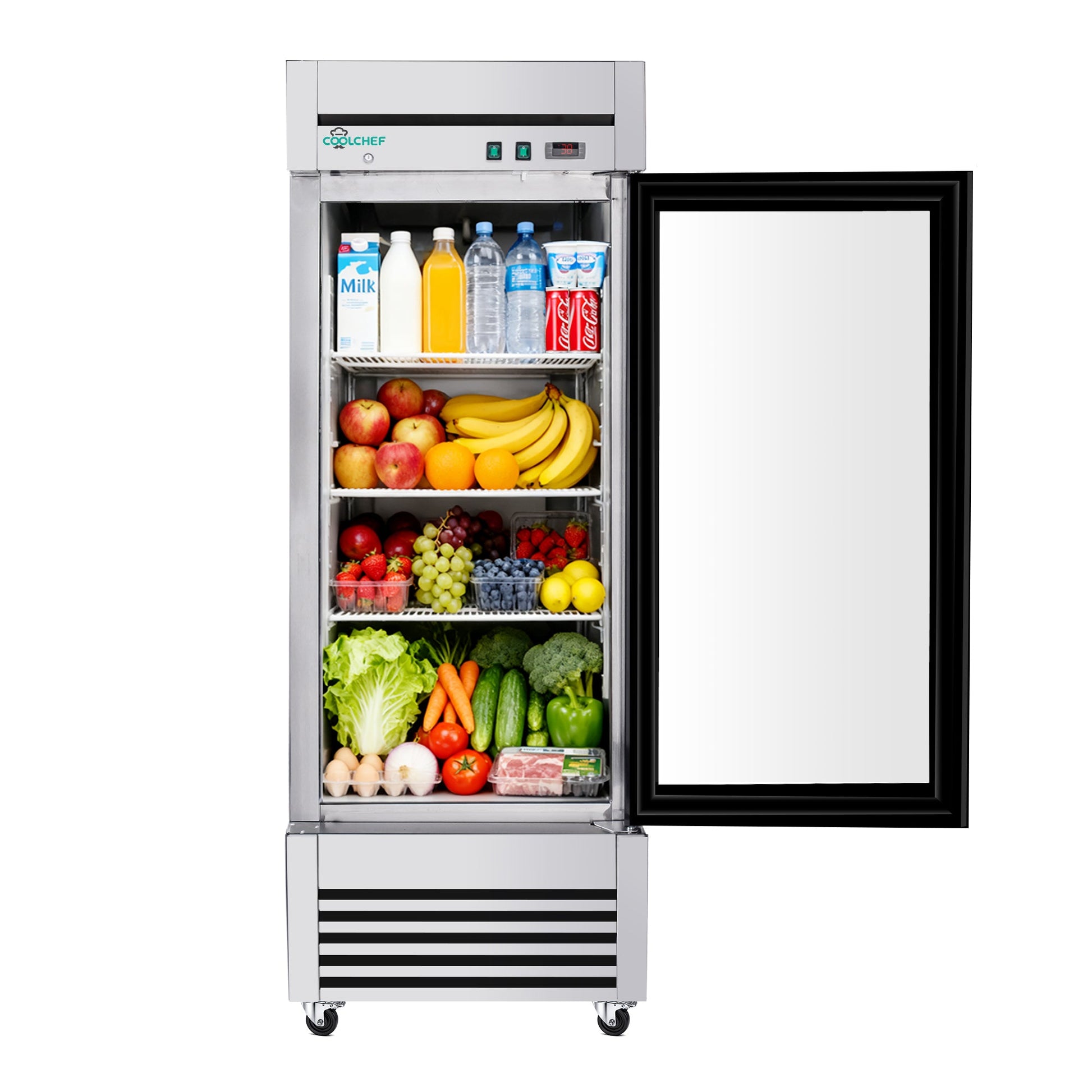 27' Single Glass Door Commercial Reach-In Display Refrigerator, 33–40°F Merchandiser Cooler, Stainless Steel, R290, ETL DOE - 1st Choice Furniture Direct