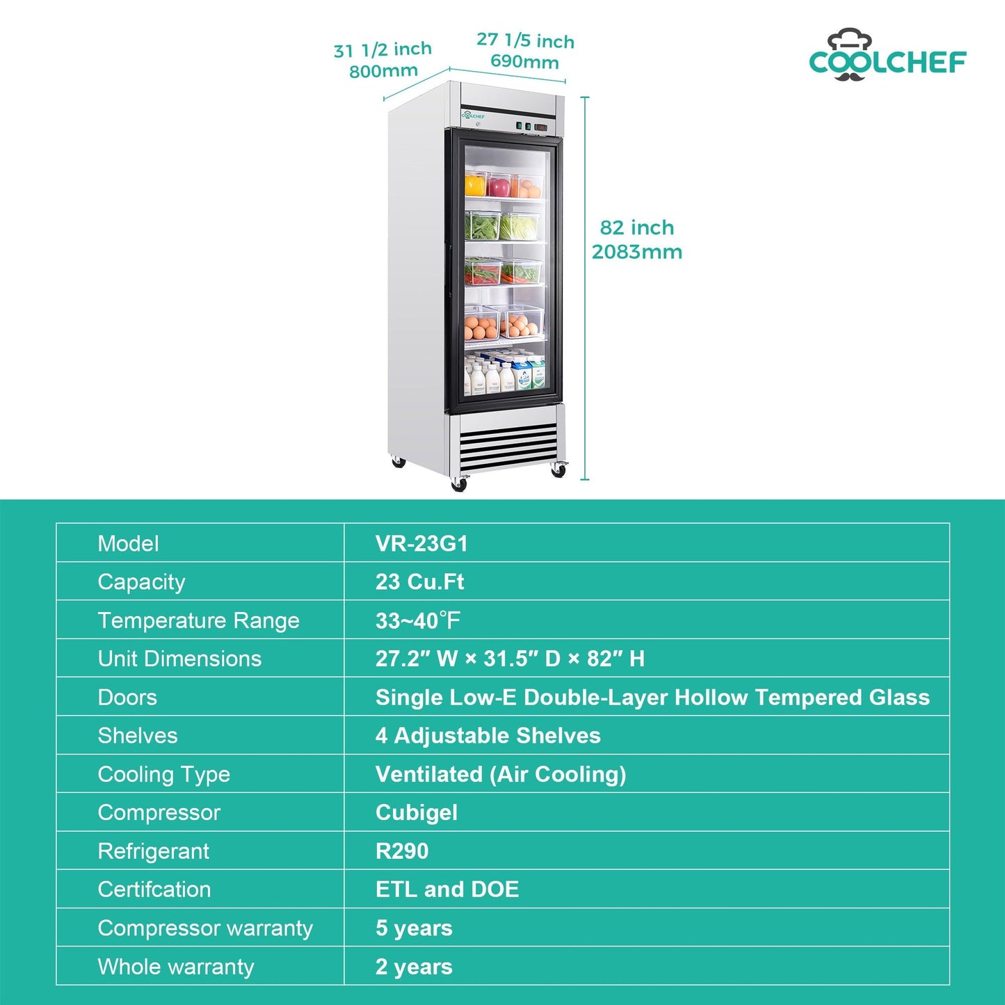 27' Single Glass Door Commercial Reach-In Display Refrigerator, 33–40°F Merchandiser Cooler, Stainless Steel, R290, ETL DOE - 1st Choice Furniture Direct