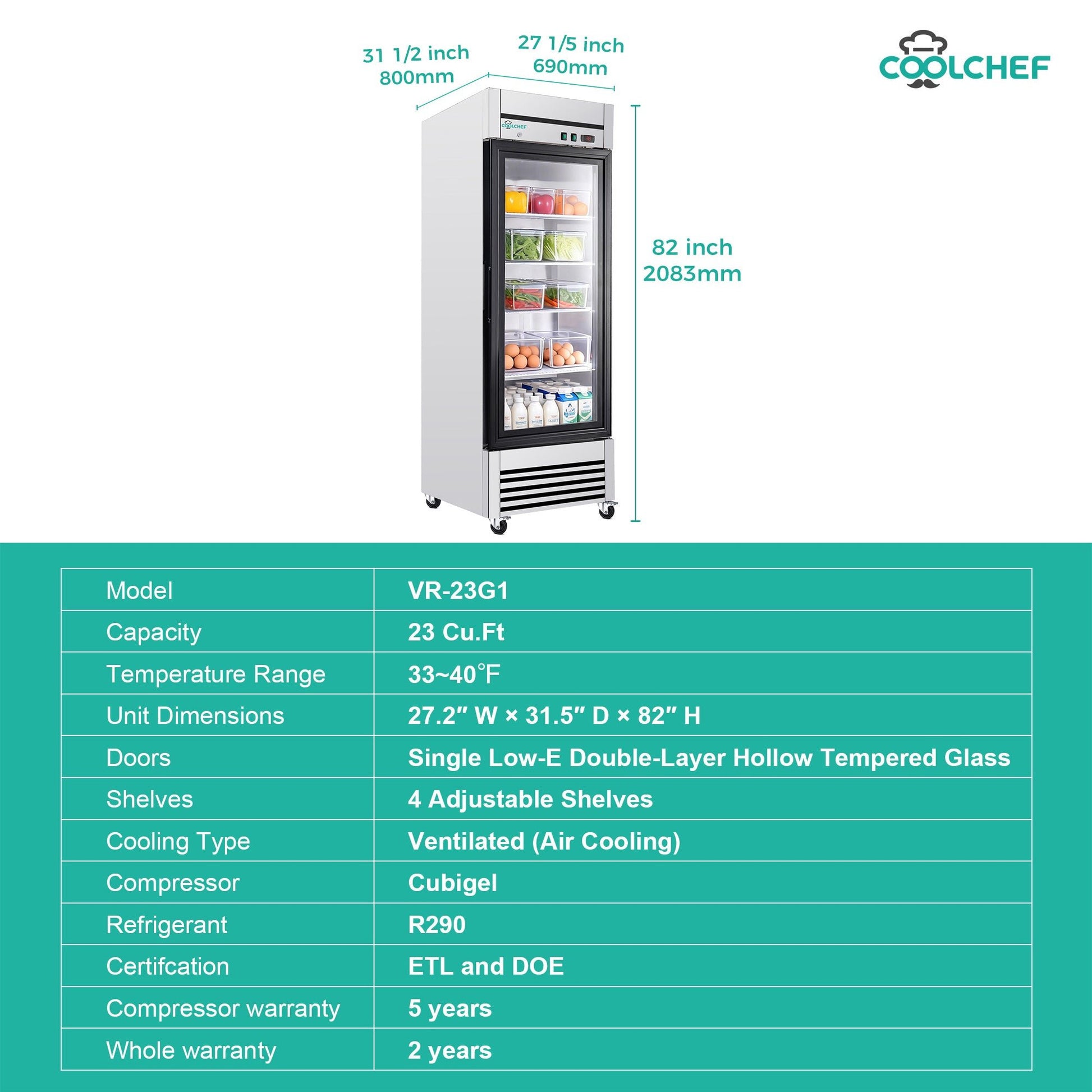 27' Single Glass Door Commercial Reach-In Display Refrigerator, 33–40°F Merchandiser Cooler, Stainless Steel, R290, ETL DOE - 1st Choice Furniture Direct