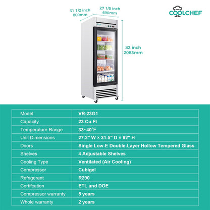 27' Single Glass Door Commercial Reach-In Display Refrigerator, 33–40°F Merchandiser Cooler, Stainless Steel, R290, ETL DOE - 1st Choice Furniture Direct