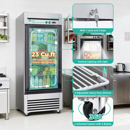 27' Single Glass Door Commercial Reach-In Display Refrigerator, 33–40°F Merchandiser Cooler, Stainless Steel, R290, ETL DOE - 1st Choice Furniture Direct