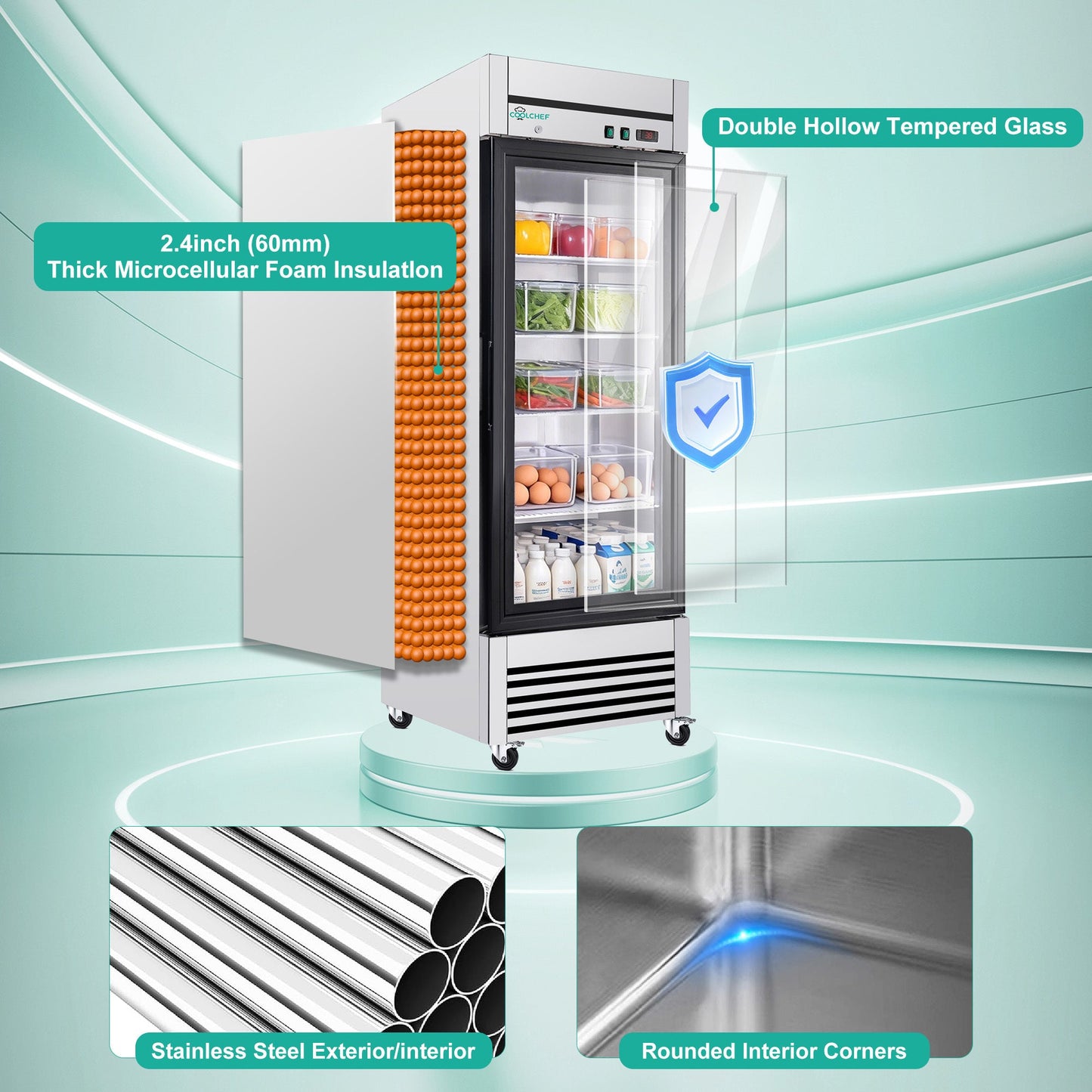 27' Single Glass Door Commercial Reach-In Display Refrigerator, 33–40°F Merchandiser Cooler, Stainless Steel, R290, ETL DOE - 1st Choice Furniture Direct
