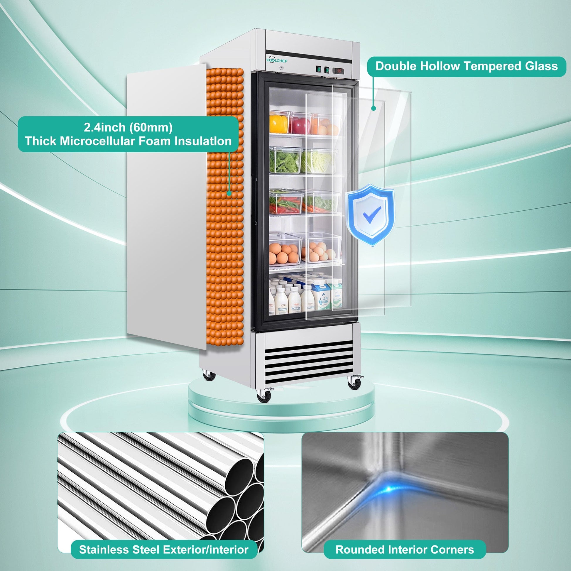 27' Single Glass Door Commercial Reach-In Display Refrigerator, 33–40°F Merchandiser Cooler, Stainless Steel, R290, ETL DOE - 1st Choice Furniture Direct