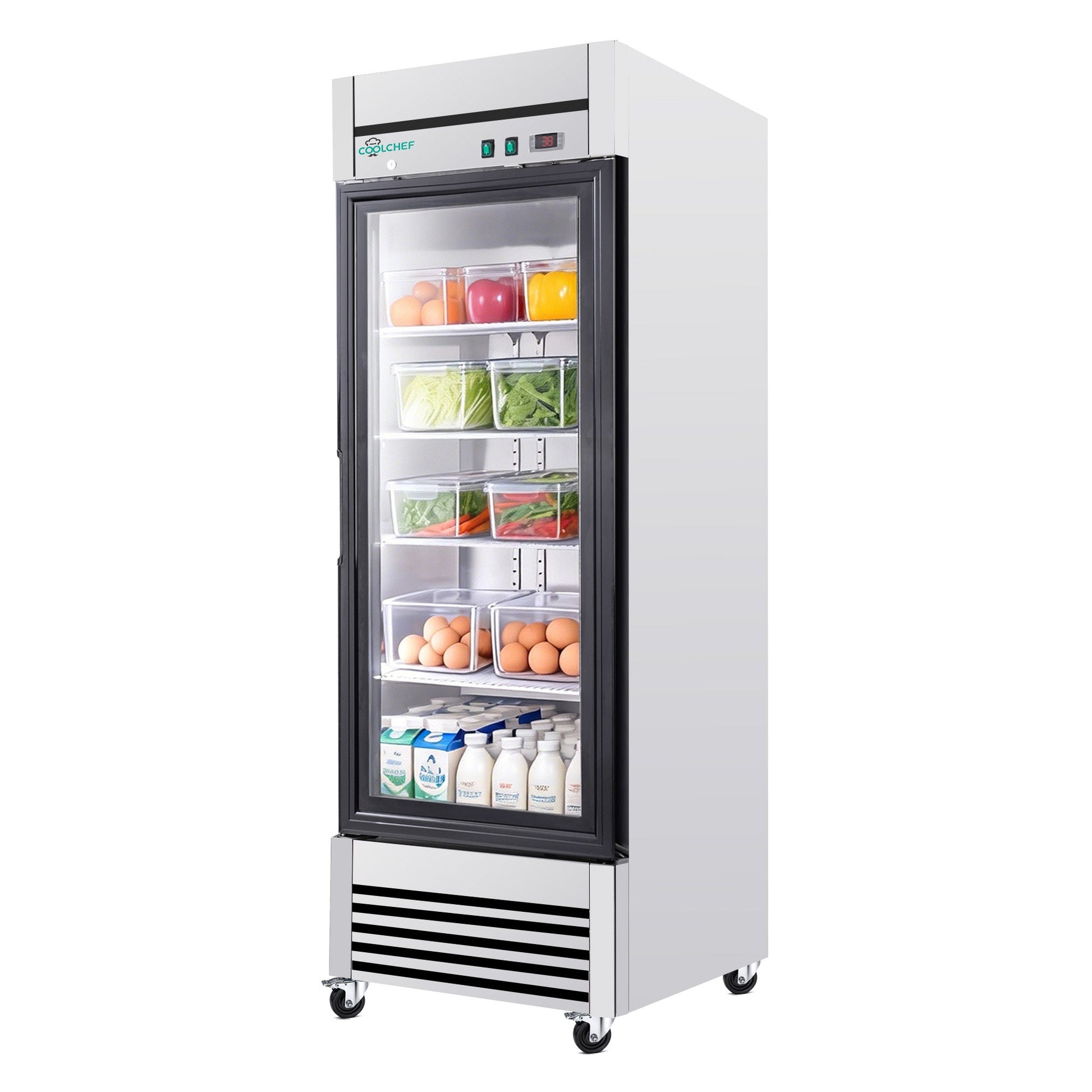 27' Single Glass Door Commercial Reach-In Display Refrigerator, 33–40°F Merchandiser Cooler, Stainless Steel, R290, ETL DOE - 1st Choice Furniture Direct