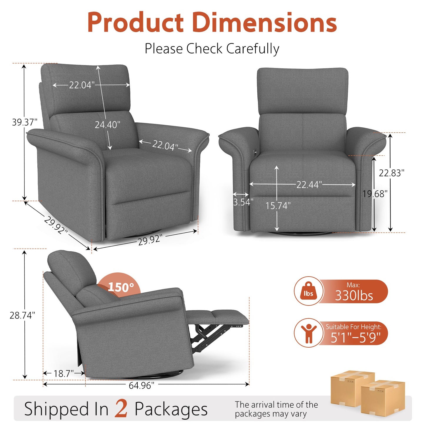 270° Power Swivel Rocker Recliner Chair for Adult,Rocking Glider Nursery Recliner for Small Spaces,Fabric Rocking Chair for Nursery,Single Sofa Recliner for Home Theater Living Room Bedroom(Dark Gray) - 1st Choice Furniture Direct