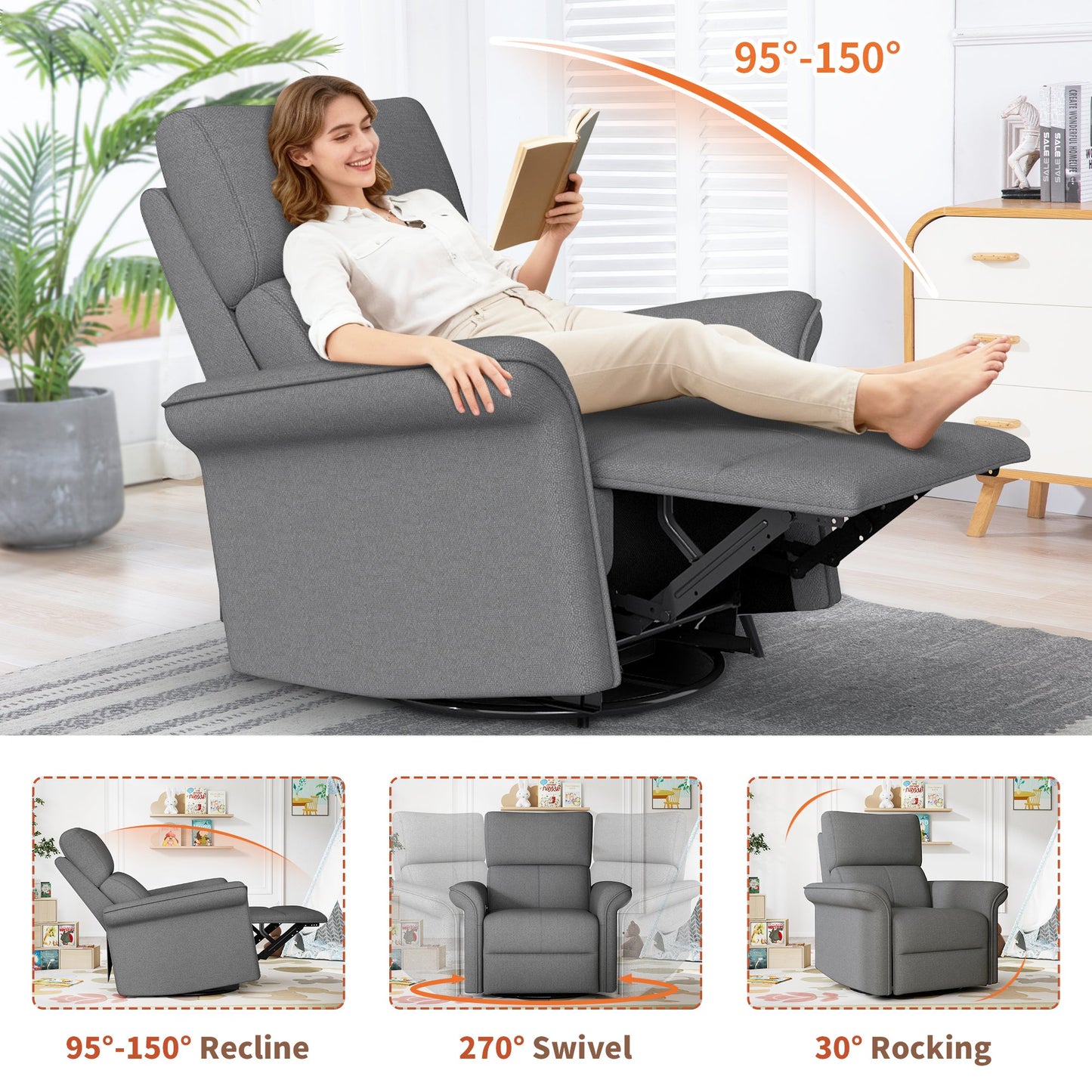 270° Power Swivel Rocker Recliner Chair for Adult,Rocking Glider Nursery Recliner for Small Spaces,Fabric Rocking Chair for Nursery,Single Sofa Recliner for Home Theater Living Room Bedroom(Dark Gray) - 1st Choice Furniture Direct