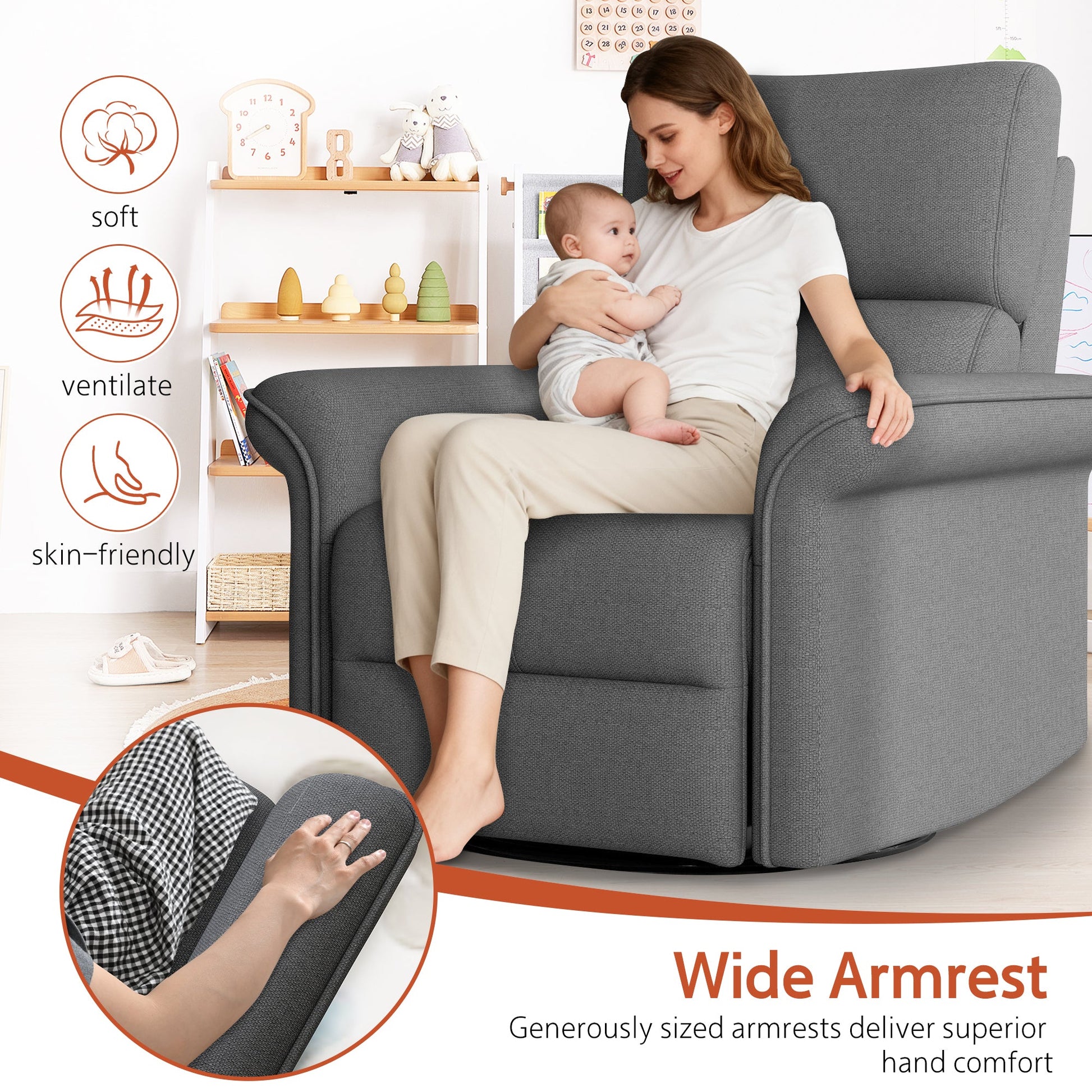 270° Power Swivel Rocker Recliner Chair for Adult,Rocking Glider Nursery Recliner for Small Spaces,Fabric Rocking Chair for Nursery,Single Sofa Recliner for Home Theater Living Room Bedroom(Dark Gray) - 1st Choice Furniture Direct