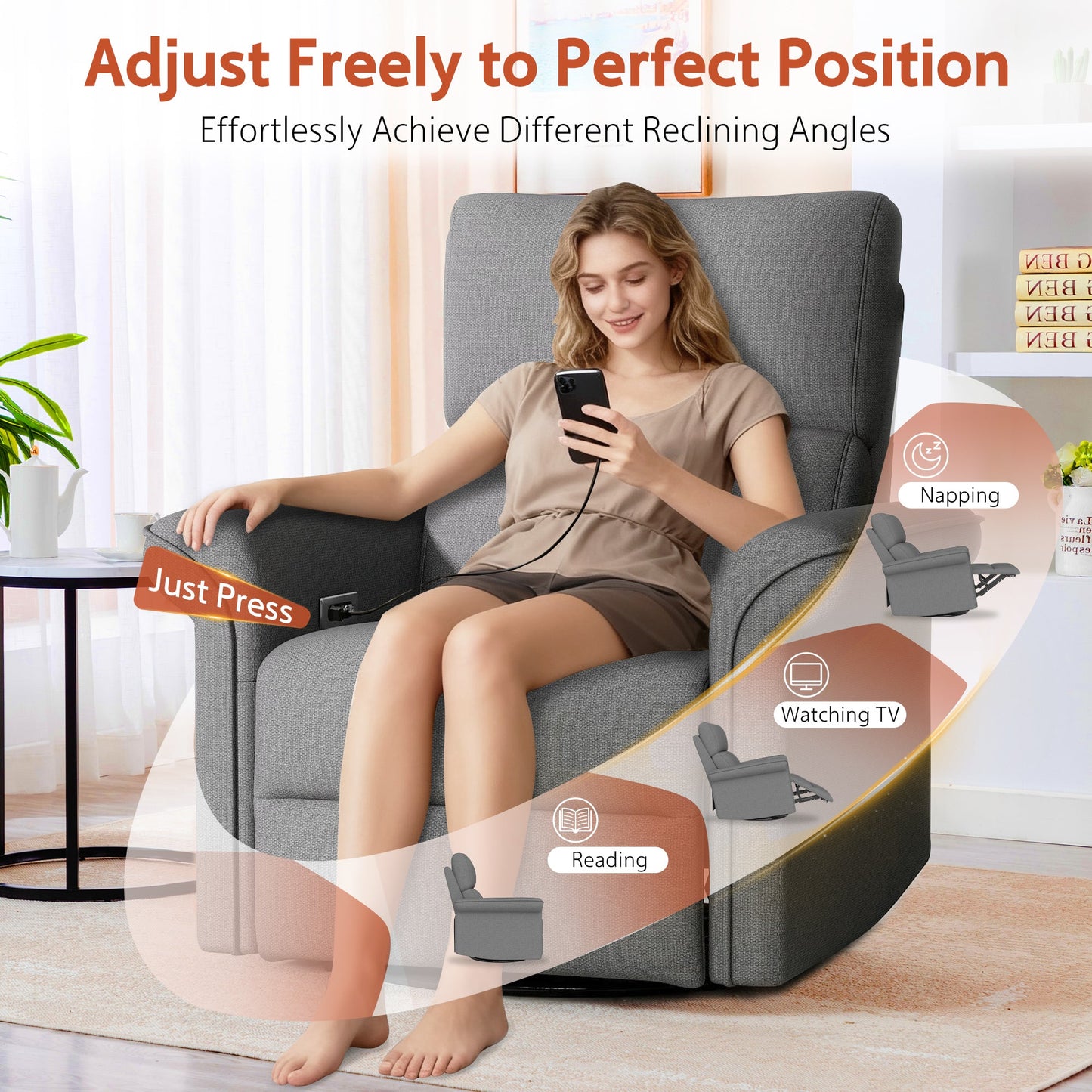 270° Power Swivel Rocker Recliner Chair for Adult,Rocking Glider Nursery Recliner for Small Spaces,Fabric Rocking Chair for Nursery,Single Sofa Recliner for Home Theater Living Room Bedroom(Dark Gray) - 1st Choice Furniture Direct