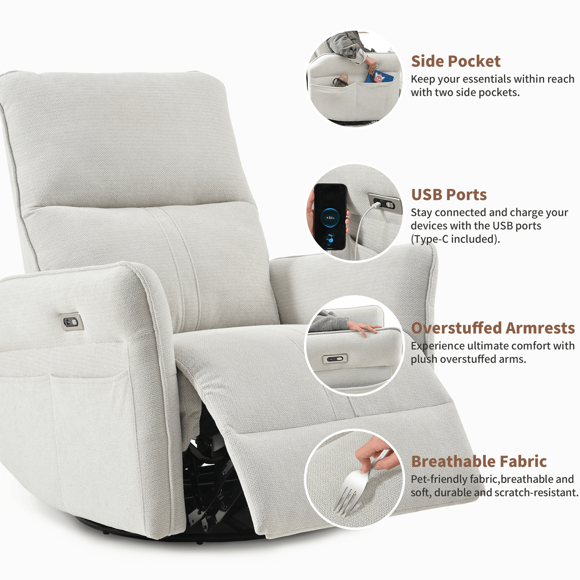 270° Power Swivel Rocker Recliner Chair for Adults, Swivel Rocking Recliner Chair,Electric Small Recliners for Small Spaces, Single Sofa Recliner for Living Room, Bedroom,RV (Fabric Gray+270°Swivel) - 1st Choice Furniture Direct