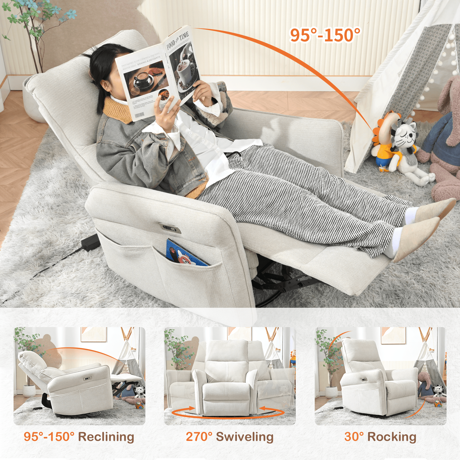 270° Power Swivel Rocker Recliner Chair for Adults, Swivel Rocking Recliner Chair,Electric Small Recliners for Small Spaces, Single Sofa Recliner for Living Room, Bedroom,RV (Fabric Gray+270°Swivel) - 1st Choice Furniture Direct