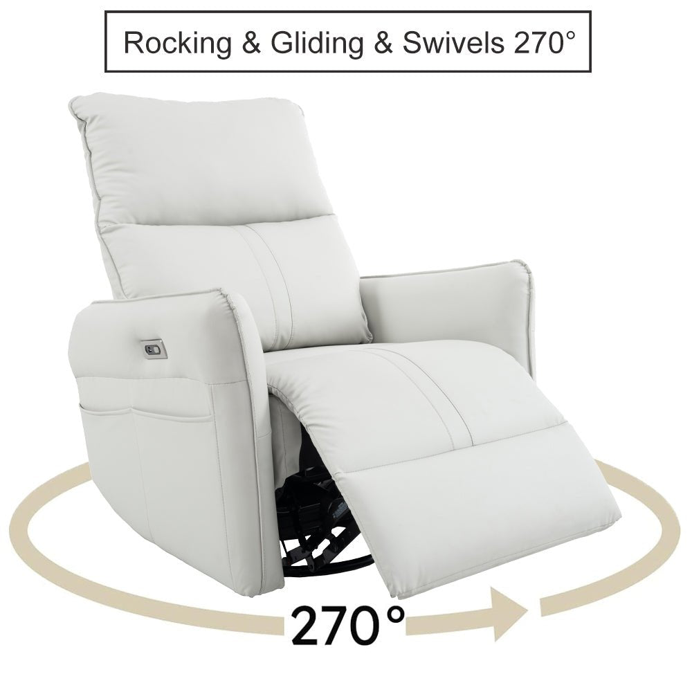 270° Power Swivel Rocker Recliner Chair, PU Leather Electric Glider Reclining Sofa with USB Ports, Power Swivel Glider, Rocking Chair,Nursery Recliners for Living Room Bedroom(Light Gray+270°Swivel) - 1st Choice Furniture Direct
