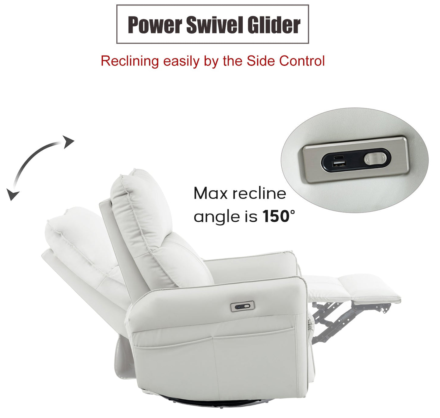270° Power Swivel Rocker Recliner Chair, PU Leather Electric Glider Reclining Sofa with USB Ports, Power Swivel Glider, Rocking Chair,Nursery Recliners for Living Room Bedroom(Light Gray+270°Swivel) - 1st Choice Furniture Direct