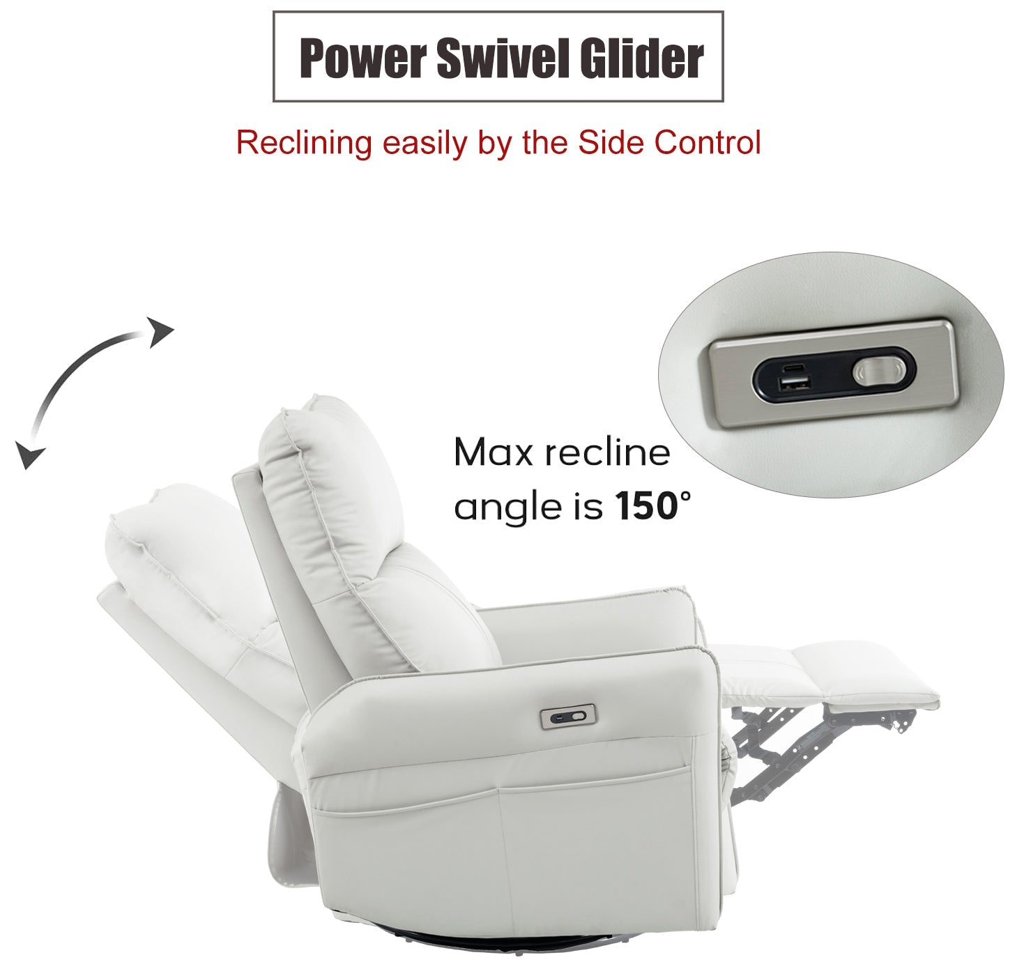 270° Power Swivel Rocker Recliner Chair, PU Leather Electric Glider Reclining Sofa with USB Ports, Power Swivel Glider, Rocking Chair,Nursery Recliners for Living Room Bedroom(Light Gray+270°Swivel) - 1st Choice Furniture Direct
