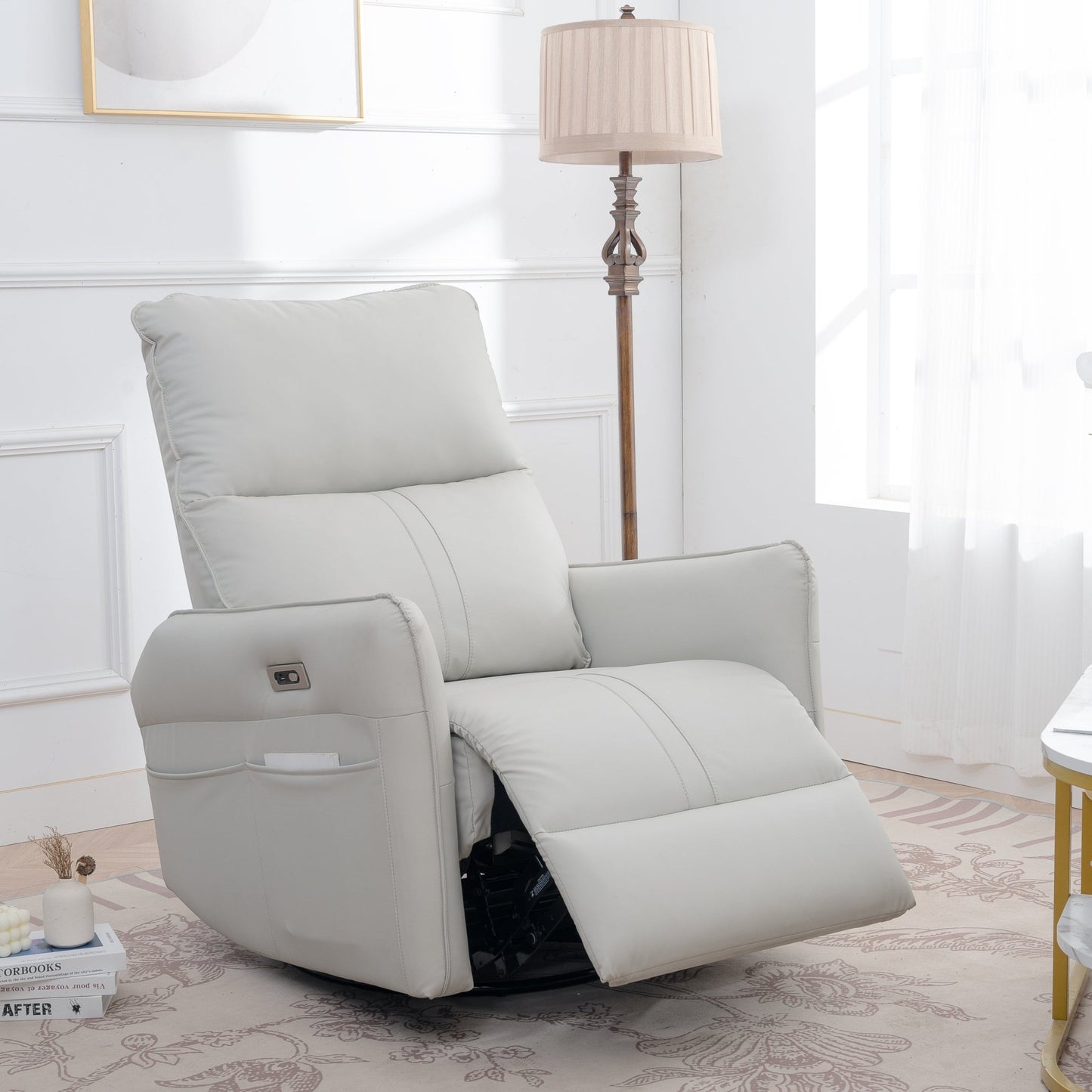 270° Power Swivel Rocker Recliner Chair, PU Leather Electric Glider Reclining Sofa with USB Ports, Power Swivel Glider, Rocking Chair,Nursery Recliners for Living Room Bedroom(Light Gray+270°Swivel) - 1st Choice Furniture Direct