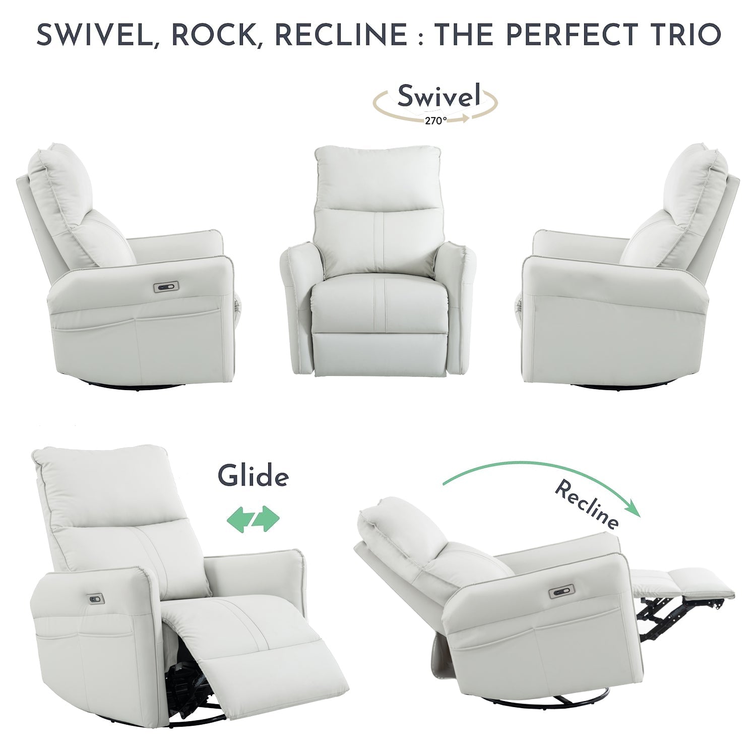 270° Power Swivel Rocker Recliner Chair, PU Leather Electric Glider Reclining Sofa with USB Ports, Power Swivel Glider, Rocking Chair,Nursery Recliners for Living Room Bedroom(Light Gray+270°Swivel) - 1st Choice Furniture Direct
