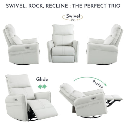 270° Power Swivel Rocker Recliner Chair, PU Leather Electric Glider Reclining Sofa with USB Ports, Power Swivel Glider, Rocking Chair,Nursery Recliners for Living Room Bedroom(Light Gray+270°Swivel) - 1st Choice Furniture Direct