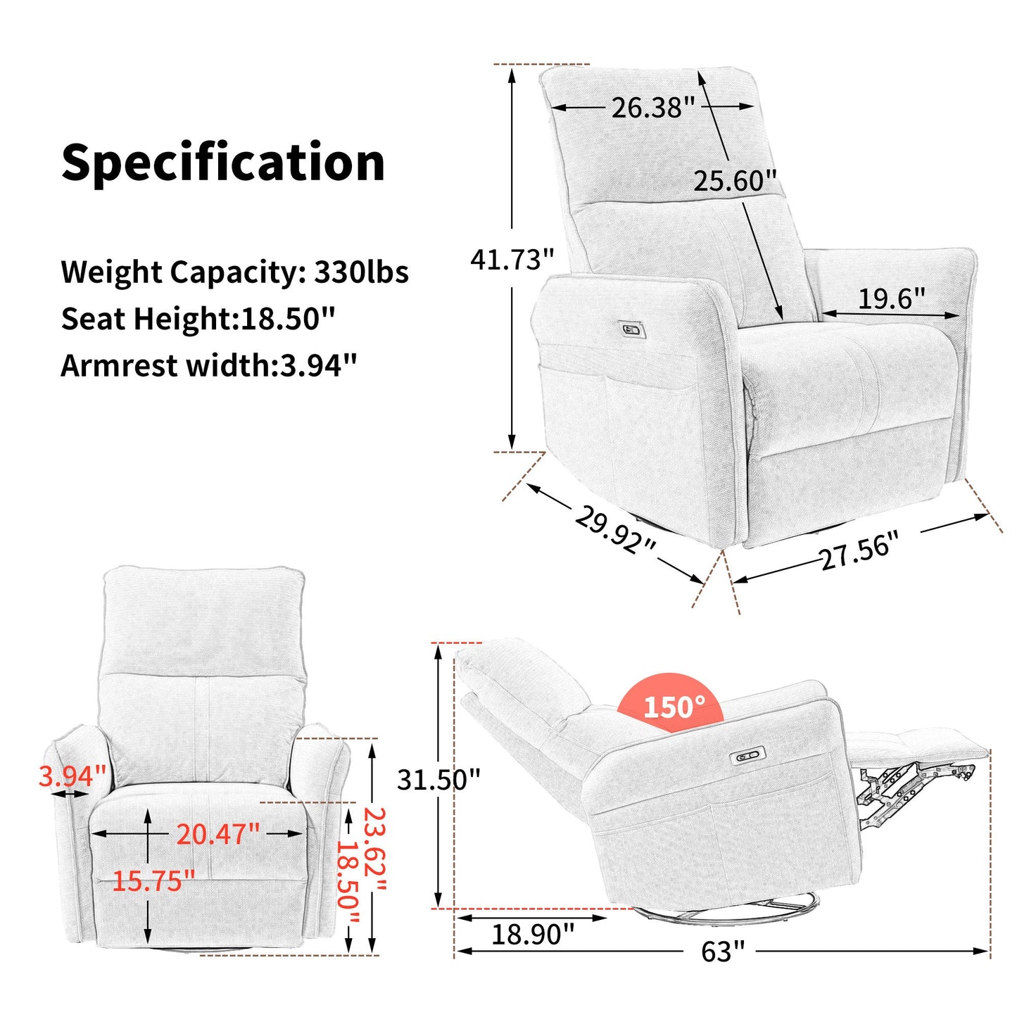 270° Power Swivel Rocker Recliner Chair, PU Leather Electric Glider Reclining Sofa with USB Ports, Power Swivel Glider, Rocking Chair,Nursery Recliners for Living Room Bedroom(Light Gray+270°Swivel) - 1st Choice Furniture Direct