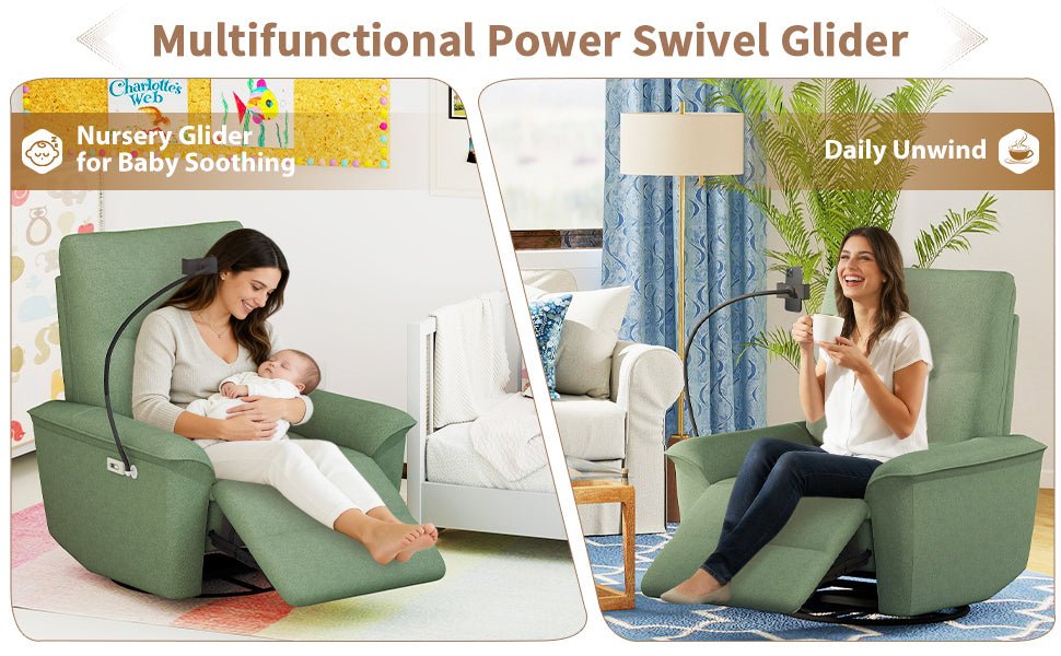 270° Power Swivel Rocker Recliner Chair w/ Phone Holder, Electric Glider Reclining Sofa with USB Ports, Power Swivel Glider, Rocking Chair Nursery Recliners for Living Room Bedroom(Dark Green) - 1st Choice Furniture Direct