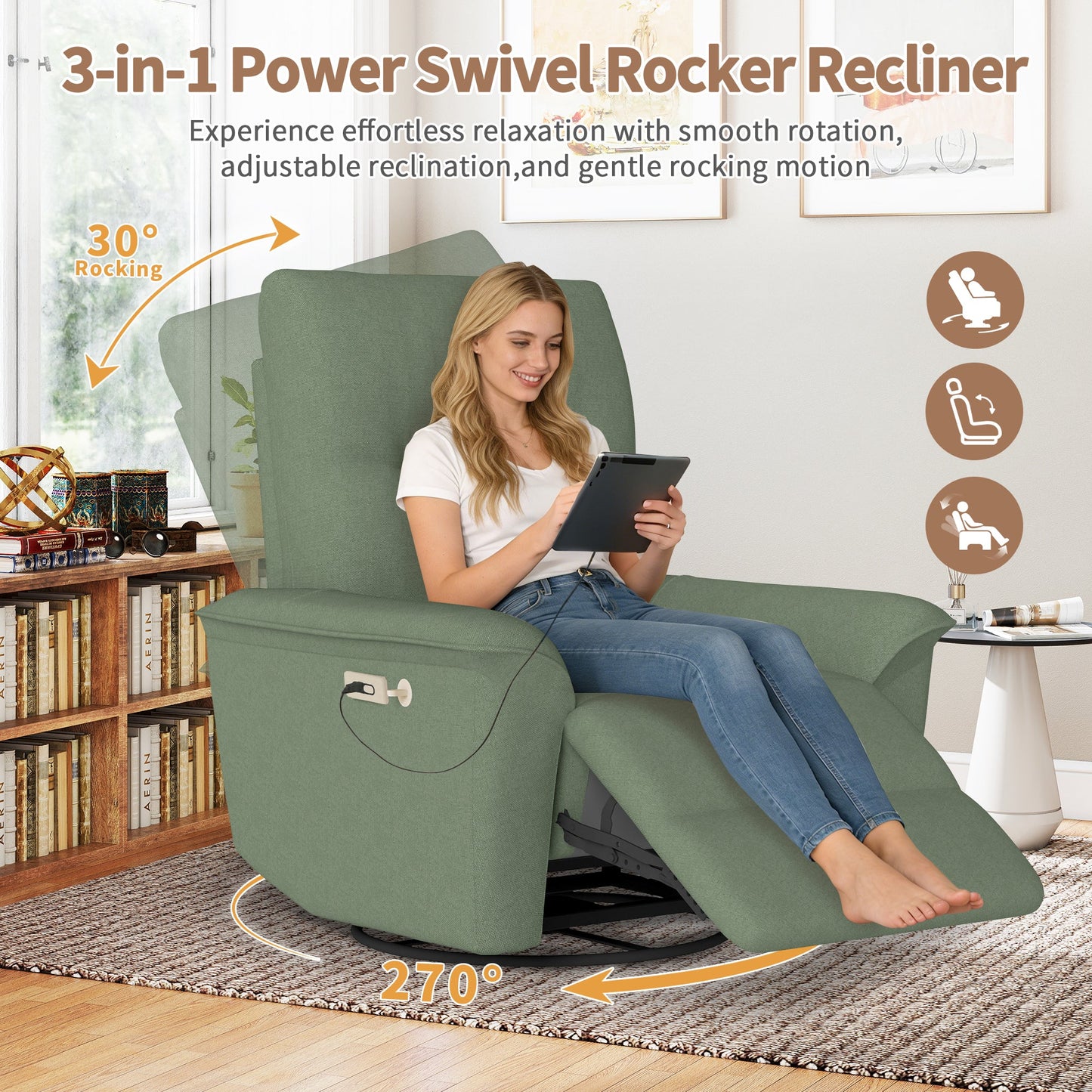 270° Power Swivel Rocker Recliner Chair w/ Phone Holder, Electric Glider Reclining Sofa with USB Ports, Power Swivel Glider, Rocking Chair Nursery Recliners for Living Room Bedroom(Dark Green) - 1st Choice Furniture Direct