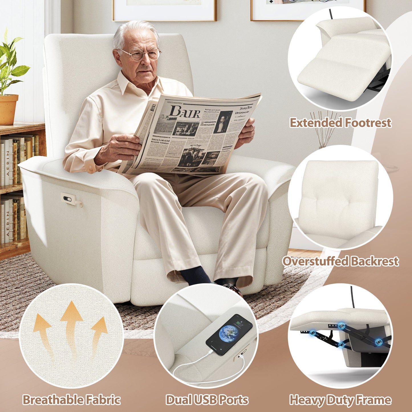 270° Power Swivel Rocker Recliner Chair w/ Phone Holder, Electric Glider Reclining Sofa with USB Ports, Power Swivel Glider, Rocking Chair Nursery Recliners for Living Room Bedroom(Beige - gray) - 1st Choice Furniture Direct
