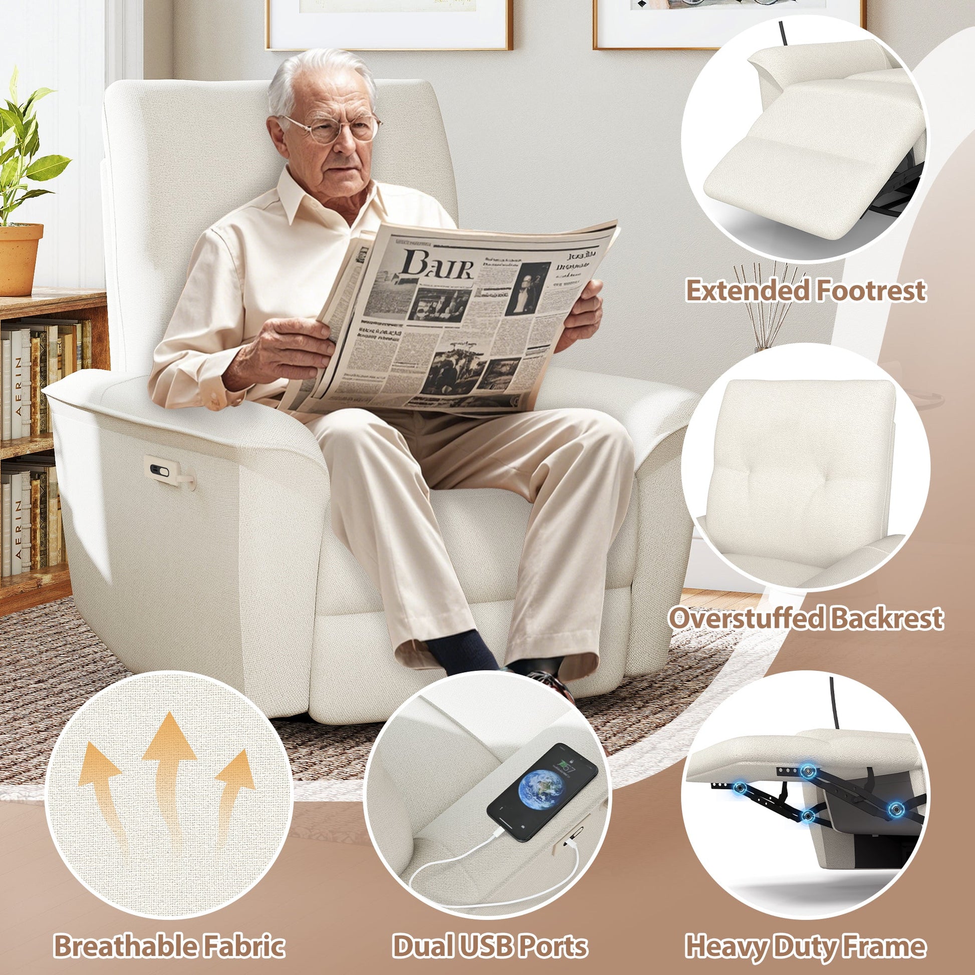 270° Power Swivel Rocker Recliner Chair w/ Phone Holder, Electric Glider Reclining Sofa with USB Ports, Power Swivel Glider, Rocking Chair Nursery Recliners for Living Room Bedroom(Beige - gray) - 1st Choice Furniture Direct