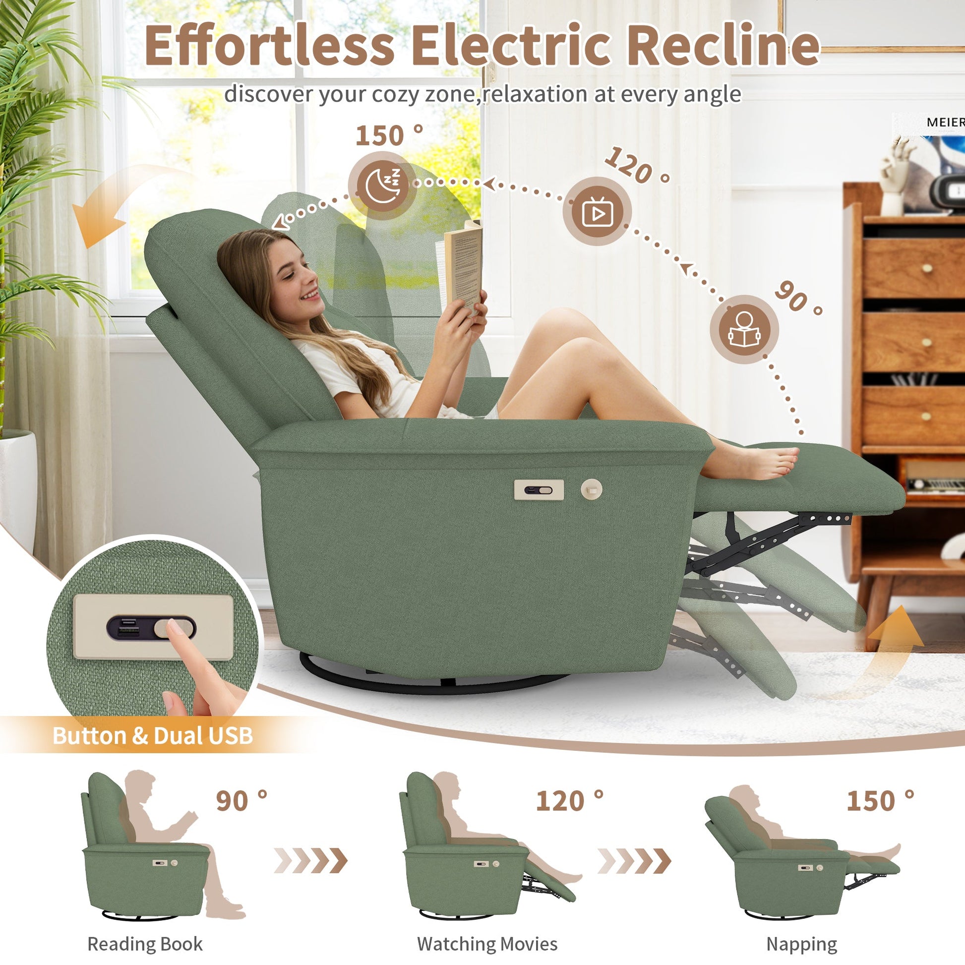 270° Power Swivel Rocker Recliner Chair w/ Phone Holder, Electric Glider Reclining Sofa with USB Ports, Power Swivel Glider, Rocking Chair Nursery Recliners for Living Room Bedroom(Dark Green) - 1st Choice Furniture Direct