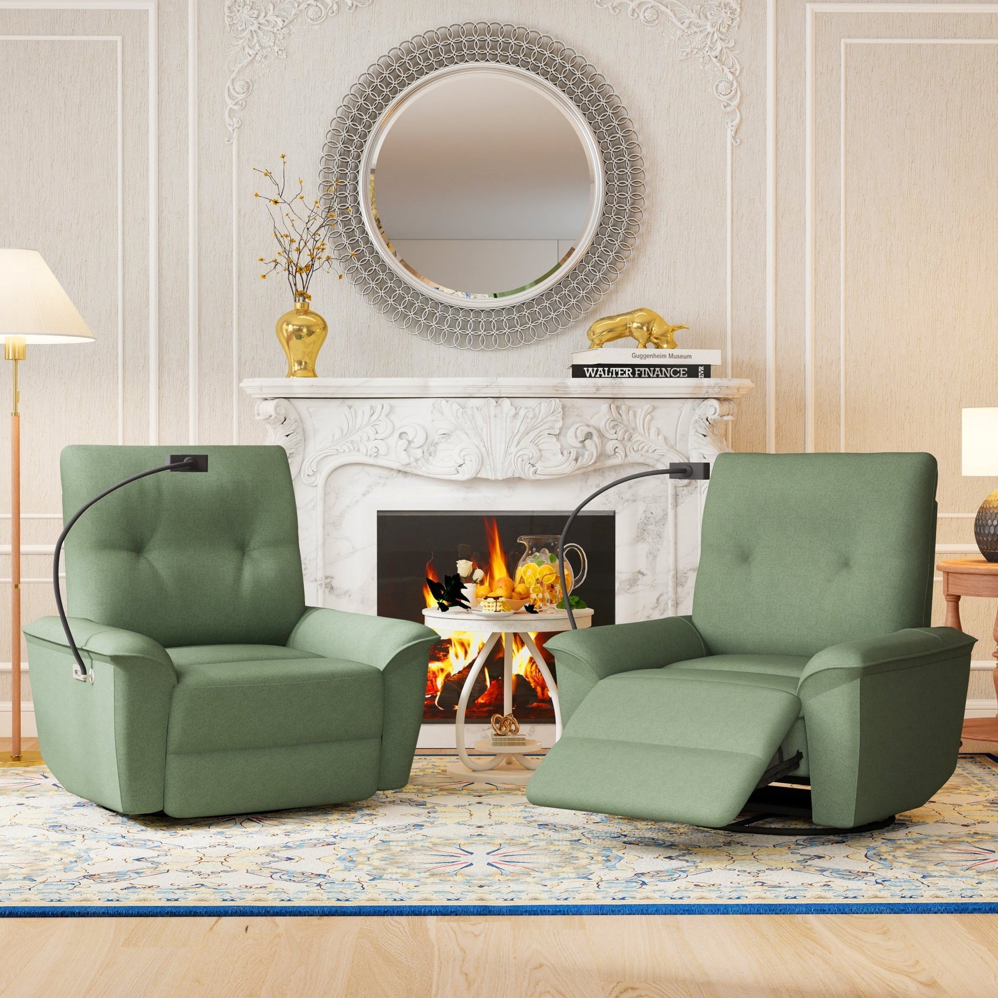 270° Power Swivel Rocker Recliner Chair w/ Phone Holder, Electric Glider Reclining Sofa with USB Ports, Power Swivel Glider, Rocking Chair Nursery Recliners for Living Room Bedroom(Dark Green) - 1st Choice Furniture Direct