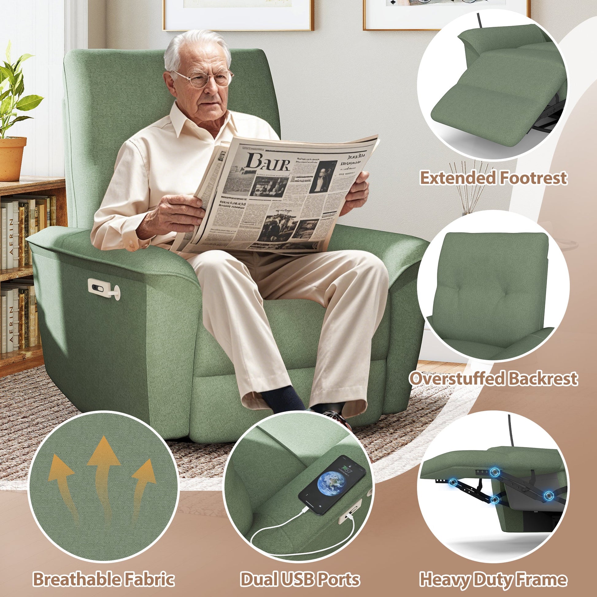 270° Power Swivel Rocker Recliner Chair w/ Phone Holder, Electric Glider Reclining Sofa with USB Ports, Power Swivel Glider, Rocking Chair Nursery Recliners for Living Room Bedroom(Dark Green) - 1st Choice Furniture Direct
