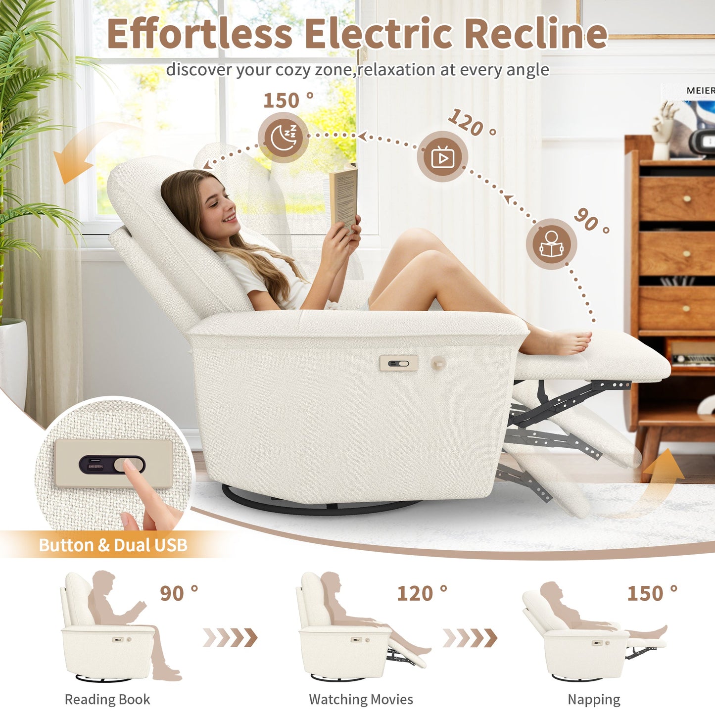270° Power Swivel Rocker Recliner Chair w/ Phone Holder, Electric Glider Reclining Sofa with USB Ports, Power Swivel Glider, Rocking Chair Nursery Recliners for Living Room Bedroom(Beige - gray) - 1st Choice Furniture Direct