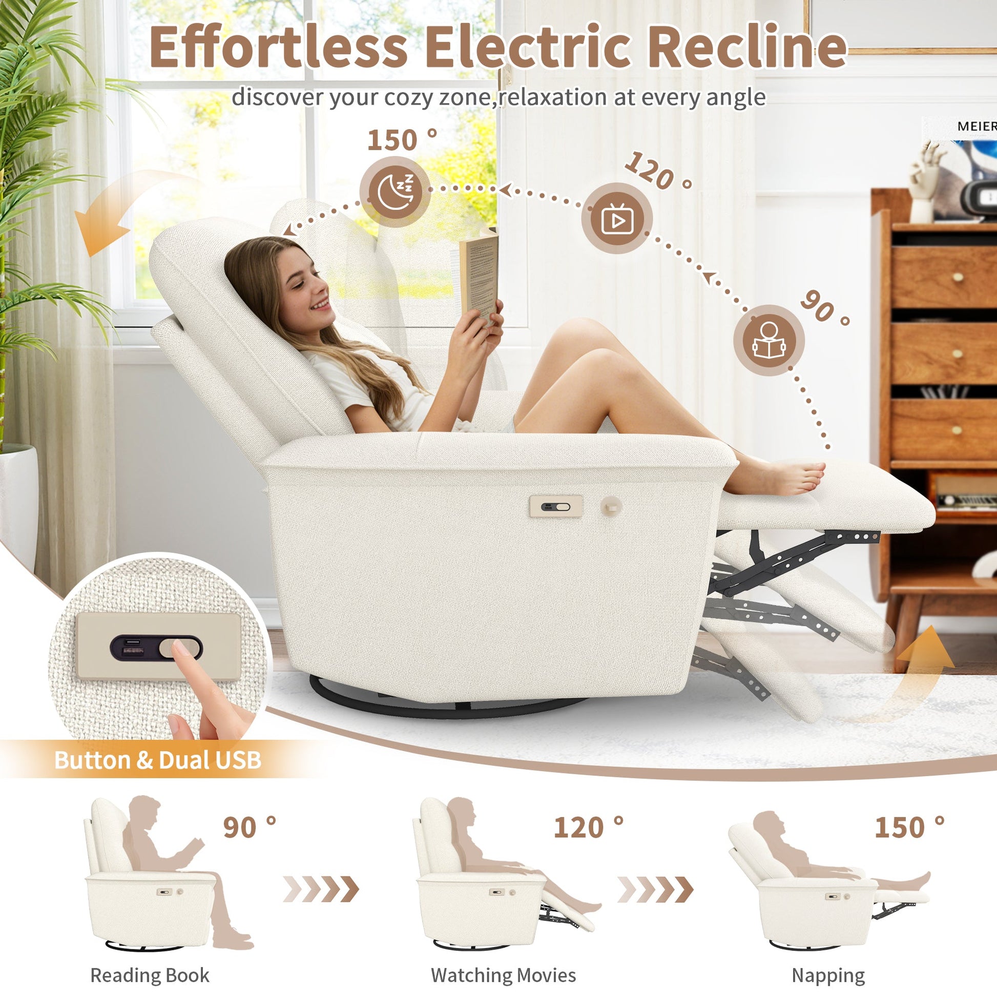 270° Power Swivel Rocker Recliner Chair w/ Phone Holder, Electric Glider Reclining Sofa with USB Ports, Power Swivel Glider, Rocking Chair Nursery Recliners for Living Room Bedroom(Beige - gray) - 1st Choice Furniture Direct