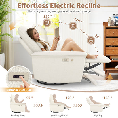 270° Power Swivel Rocker Recliner Chair w/ Phone Holder, Electric Glider Reclining Sofa with USB Ports, Power Swivel Glider, Rocking Chair Nursery Recliners for Living Room Bedroom(Beige - gray) - 1st Choice Furniture Direct
