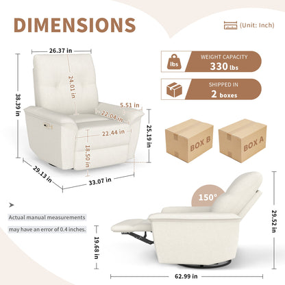270° Power Swivel Rocker Recliner Chair w/ Phone Holder, Electric Glider Reclining Sofa with USB Ports, Power Swivel Glider, Rocking Chair Nursery Recliners for Living Room Bedroom(Beige - gray) - 1st Choice Furniture Direct