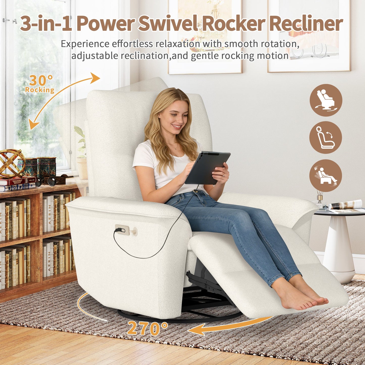 270° Power Swivel Rocker Recliner Chair w/ Phone Holder, Electric Glider Reclining Sofa with USB Ports, Power Swivel Glider, Rocking Chair Nursery Recliners for Living Room Bedroom(Beige - gray) - 1st Choice Furniture Direct