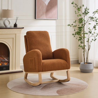 27.2'W Rocking Chair for Nursery, Sherpa Glider Chair with High Back and Side Pocket, Rocking Accent Armchair with Rubber Wood Legs for Living Room/Bedroom.Caramel - 1st Choice Furniture Direct