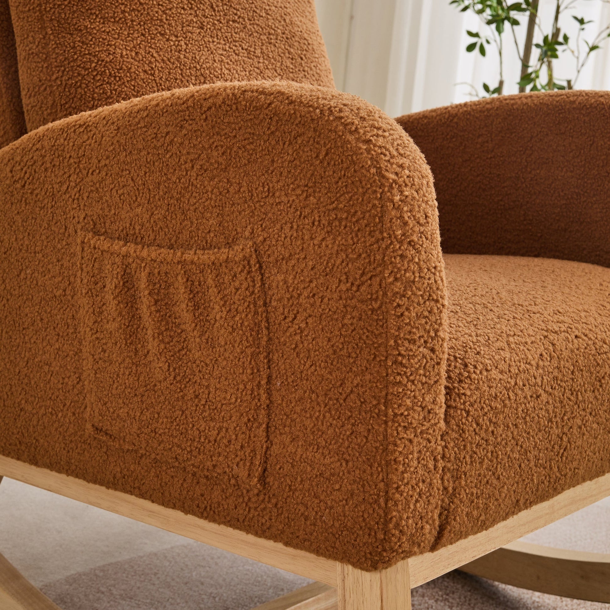 27.2'W Rocking Chair for Nursery, Sherpa Glider Chair with High Back and Side Pocket, Rocking Accent Armchair with Rubber Wood Legs for Living Room/Bedroom.Caramel - 1st Choice Furniture Direct