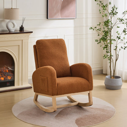 27.2'W Rocking Chair for Nursery, Sherpa Glider Chair with High Back and Side Pocket, Rocking Accent Armchair with Rubber Wood Legs for Living Room/Bedroom.Caramel - 1st Choice Furniture Direct