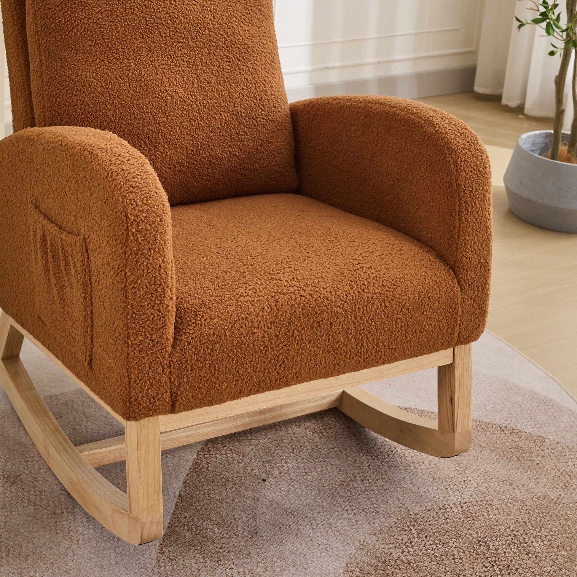 27.2'W Rocking Chair for Nursery, Sherpa Glider Chair with High Back and Side Pocket, Rocking Accent Armchair with Rubber Wood Legs for Living Room/Bedroom.Caramel - 1st Choice Furniture Direct