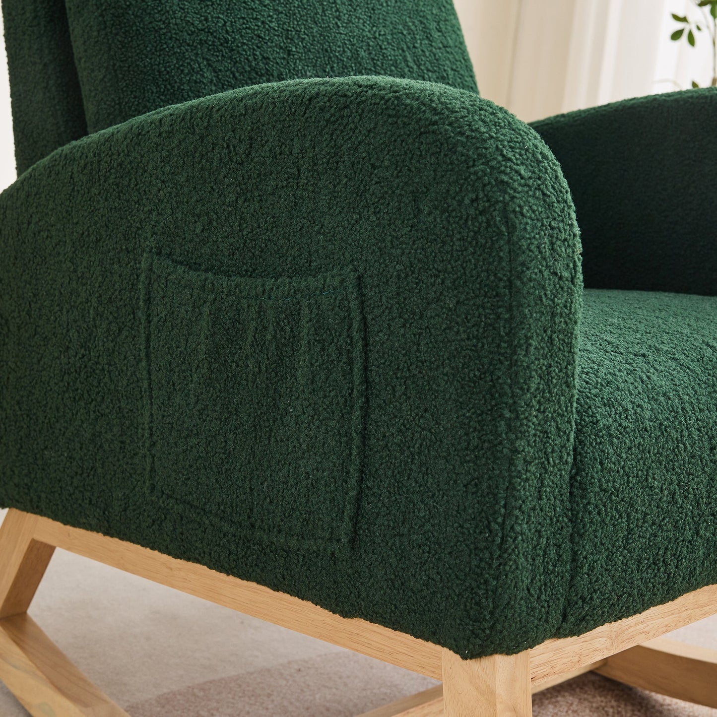 27.2'W Rocking Chair for Nursery, Sherpa Glider Chair with High Back and Side Pocket, Rocking Accent Armchair with Rubber Wood Legs for Living Room/Bedroom.Green - 1st Choice Furniture Direct